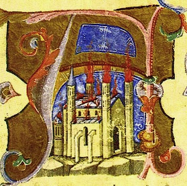 Képest Krónika - A Nagyboldogasszony-főbazilika, amint ég Székesfehérváron, XIV. század (Fotó: Képes Krónika/OSZK)