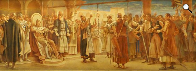 Jantyik Mátyás: II. András kihirdeti az Aranybullát (Fotó: Országház, Felsőházi ülésterem/Wikimedia)
