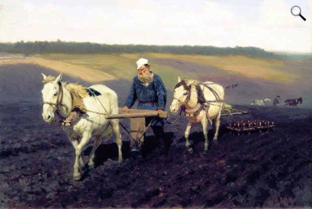 Ilja Jefimovics Repin: A szántóvető. Lev Tolsztoj az ekénél, Lev Nyikolajevics Tolsztoj a mezőn, 1887 (Fotó: Tretyakov Állami Galéria, Moszkva)