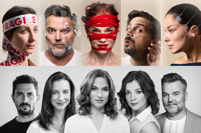 Woody Allan: Tiszta őrület - Hevér Gábor, Parti Nóra, Martinovics Dorina, Szabó Kimmel Tamás és Balla Eszter, 2025 (Fotó: Centrál Színház)