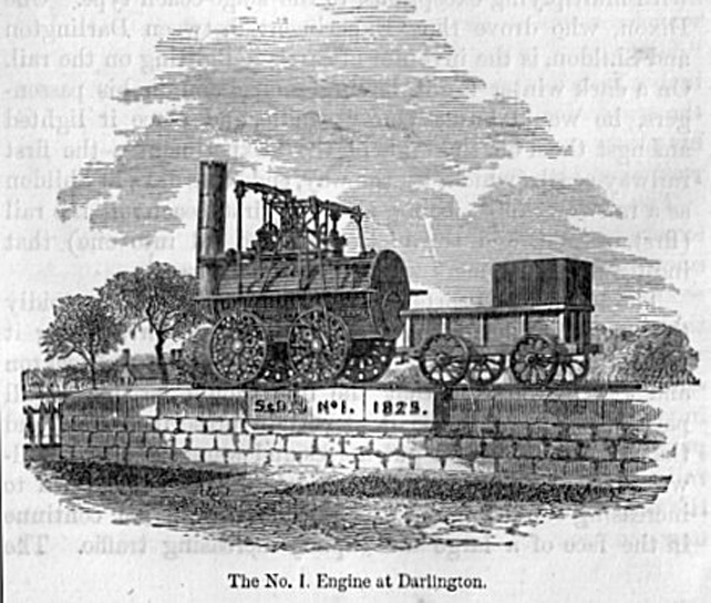 Stephenson 1. számú mozdonya, a Locomotion, a Stockton és Darlington vasútvonal számára (Fotó: Samuel Smiles - A mérnökök élete, 1862/Project Gutenberg)