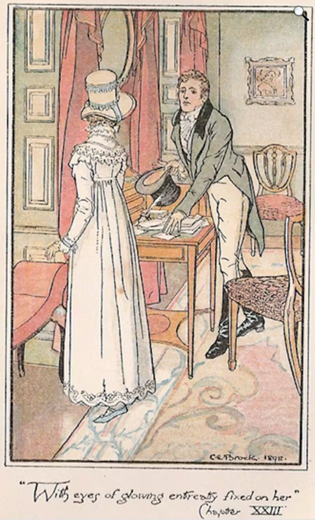 Jane Austen - CE Brock: Meggyőző érvek - Wenworth kapitány könyörgő szemekkel megmutatja levelét Anne Elliotnak, 1898 (Fotó: Maxmillan&Co/The British Library/Wikimedia)