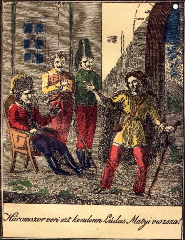 Fazekas Mihály: Lúdas Matyi - Háromszor veri ezt kenden Lúdas Matyi vissza!, 1817 (Fotó: Göbwart F. S. illusztrációja, bécsi kiadás/Wikimedia)