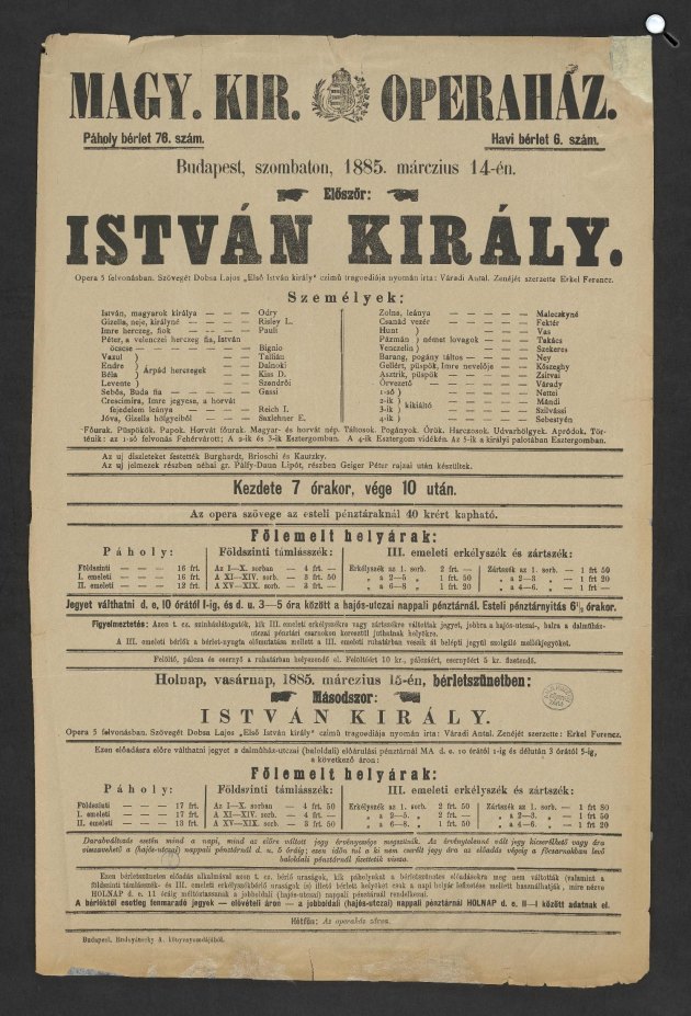 Az István király operaházi ősbemutatójának színlapja (Fotó: OSZK)