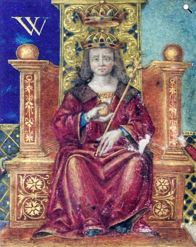 II. Ulászló (1456-1516) magyar és cseh király portréja Gersei Pethő János nemesi levélpátensén, 1507 (Fotó: Magyar Állami Levéltár/Hétköznapi élet Mátyás király korában (2008) című könyvéből)