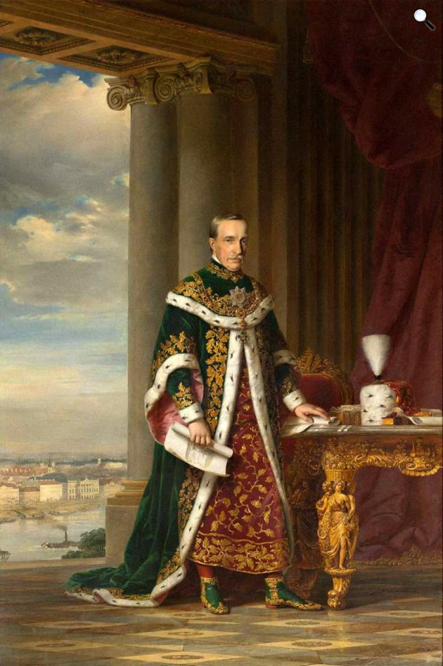 Barabás Miklós: József nádor a Szent István-rend ornátusában, a háttérben Pest látképével, 1846 (Fotó: MNM)