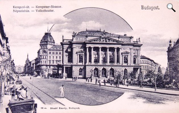 A Ferdinand Fellner és Hermann Helmer tervei nyomán felépített Népszínház, amely 1908-tól a Nemzeti Színháznak lett második - ismét ideiglenes - otthona, míg 1965-ben le nem bontatták (Fotó: OSZK SZT)