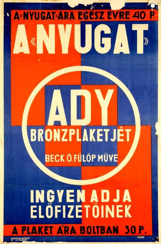A Nyugat Ady Endre bronzplakettjét ingyen adja előfizetőinek (grafikus Kassák Lajos) reklámplakát (Fotó: OSZK)