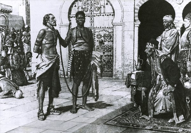 Miguel de Cervantes írót Hasszán pasa, Algíria királya elé állítják (Fotó: Wikimedia/PD-Art)