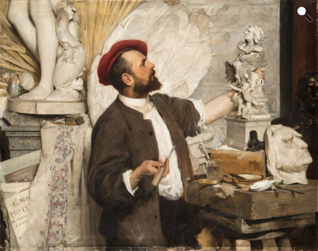 Hans Temple: Stróbl Alajos munka közben, 1880-as évek (Fotó: Wikimedia/artmagazin.hu/P. Szűcs Julianna: A fáktól nem látszó erdő)