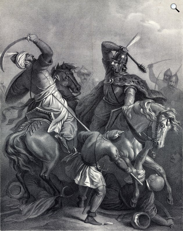 Henrik Weber, József Marastoni: Hunyadi János harca a törökkel, 19. szd. litográfia (Fotó: Wikimedia Commons/Piarista Múzeum)