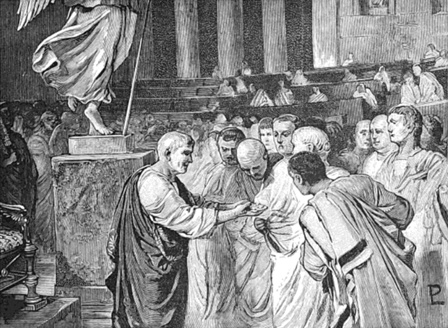 Lodovico Pogliaghi: Vespasianus a Szenátus elé terjeszti a vizeletadóból beszedett pénzt, 1885 (Fotó: Wikimedia)