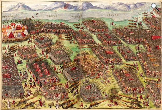 Johann Schreier: A mohácsi csata legrészletesebb ábrázolása. Egy idős Landsknecht-veterán emlékeit idézi fel., 1526 (Fotó: Wikimedia)