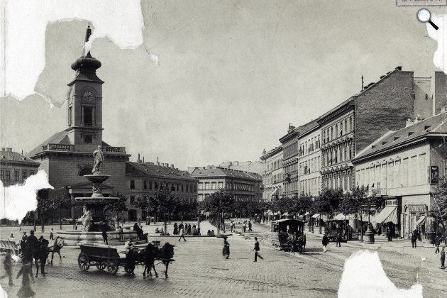 Budapest közlekedése, lóvasutak az utakon, Kálvin tér a Vámház körút felé református templom. A Danubius-kút hátterében a reform, 1891-1897 (Fotó: Fortepan/Budapest Főváros Levéltára. Levéltári jelzet: HU.BFL.XV.19.d.1.07.120)