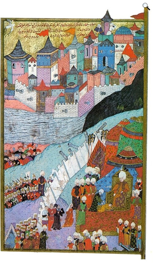 Szulejmána előtt a sátorban Izabella és a kis János Zsigmond csecsemőkirály, Buda 1541-es török megszállása idején, Buda várának török kézre kerülésekor 1541-ben, 1555 (Fotó: Wikimedia/ Fehér Géza:Török miniatúrá)