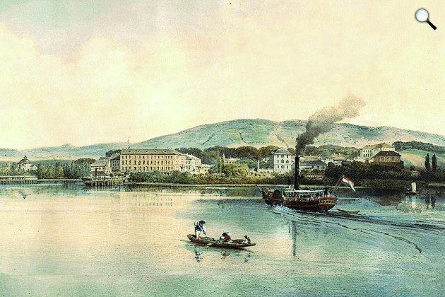 A Kisfaludy gőzhaj Balatonfüred előtt, 1860 (Fotó: Wikimeida/mata.hu/Libay Lajos képe a Zirci Reguly Könyvtár Archívumából)